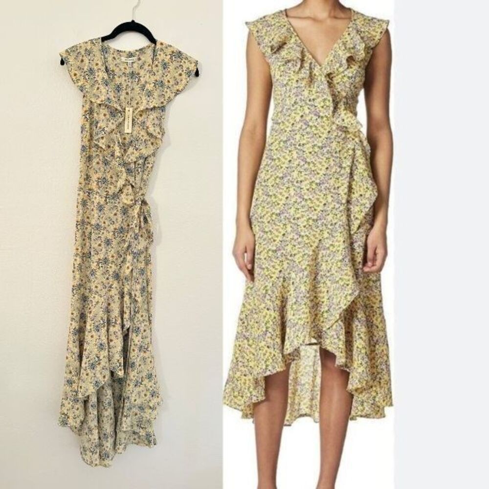 NWT Max Studio Yellow Floral Boho Midi Wrap Dress Summer Spring Women's Small